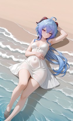 原神甘雨 海边夏日 二次元游戏壁纸图片唯美 手办既视感