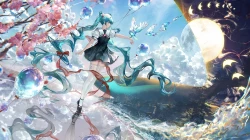 动物_水蓝色眼睛_水蓝色头发_海滩_鸟_蝴蝶结_云朵_连衣裙_花_帽子_初音未来_长发_月_倒影_天空_高筒袜_双马尾_音巡