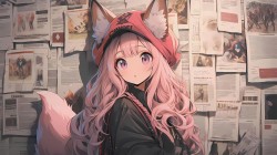 粉色头发 报纸墙 可爱小女孩 长卷发 兽耳 尾巴 动漫二次元桌面壁纸
