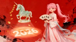 2026马上有钱粉色马尾辫小女孩玉马独角兽新年壁纸 Word Excel PS素材