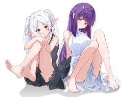 女孩们光脚，脸红，连衣裙，绿眼睛，长发，尖耳朵，紫眼睛，紫发，夏装，创伤，双马尾，白色，白发