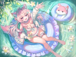 赤脚_比基尼_脸红_辫子_猫_微笑_项圈_饮料_尖牙_花_吊带_虚拟主播_叶子_长发_肚脐_粉色头发_泳衣