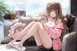 脸红 棕色眼睛 棕色头发 项圈 云 沙发 喝饮料 女孩 心形 叶子 长发 马尾 短裤 天空 眨眼