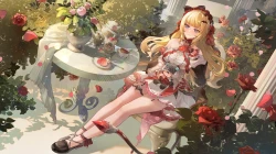 金发蓝眼蝴蝶结连衣裙饮品花朵食物吊带手套头饰叶子长发宠物玫瑰艺术家标签角色