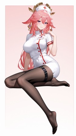 御姐八重神子 游戏原神 二次元壁纸 黑丝裤袜大长腿 穿搭