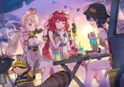 女郎 连衣裙 饮料 吊袜带 帽子 头带 项链 红发 双马尾 腕带