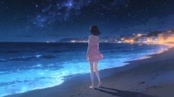 唯美星空 海边 少女背影 粉色裙子 沙滩 动漫壁纸资源大全