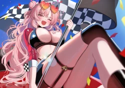 比基尼上衣 脸红 汽车 颈链 近距离 吊袜带 粉色眼睛头发 裙子 太阳镜 长筒袜 眨眼