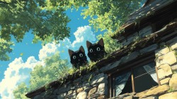 绿色树荫 屋顶 两只小猫 风景桌面壁纸