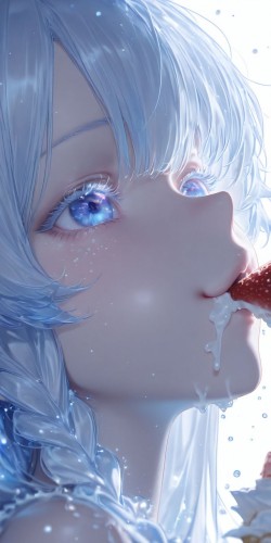 动漫壁纸 二次元少女 ai绘画 冰淇淋蛋糕 蓝色头发睫毛眼睛可爱
