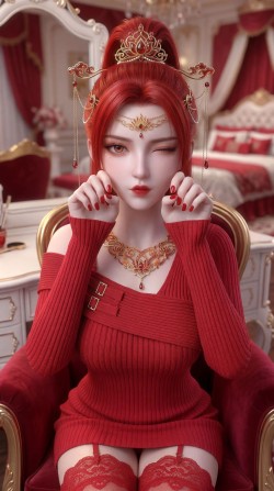 动漫国漫美女美图 红色系壁纸 丹华 蕾丝边吊带丝袜