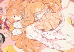 脸红 糖果裙 饮料 兜帽 雾茶 玉子 萝莉 棒棒糖 长发 糯米团子 橙发 睡觉 双马尾