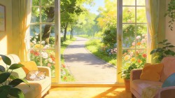 温馨的家 沙发 猫 花园小道 鲜花 树林 绘画风景桌面壁纸
