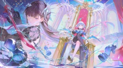 女孩 水蓝色眼睛 靴子 蝴蝶结 棕色头发 紧身胸衣 连衣裙 火焰 吊袜带 手套 灰色头发 头饰 长发 魔法剑 过膝袜