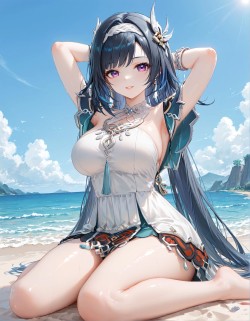 二次元游戏 原神纳塔 少女蓝砚 海边沙滩