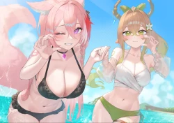 女孩_比基尼_脸红_辫子_项圈_近云_吊袜带_角_肚脐_粉色头发_马尾_天空_泳衣_尾巴_纹身_水