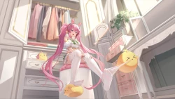 脸红 蝴蝶结 兔耳 穿衣 头戴式耳机 粉色眼睛 粉色头发 裙子 长筒袜 双马尾