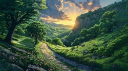 翠谷光径 山谷 小路 绿色树林风景桌面壁纸