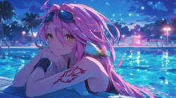 趴在泳池边的粉红色头发比基尼动漫美女小姐姐可爱美图壁纸