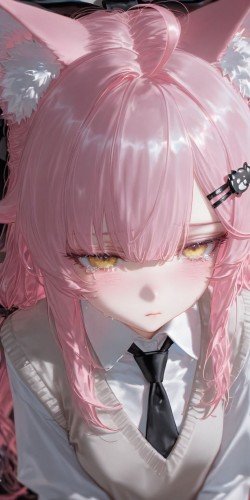 粉毛猫娘 二次元可爱少女 哭唧唧委屈巴巴 ai绘画