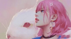 粉色头发美女 蓝色眼睛 兔子 好看二次元高清动漫壁纸