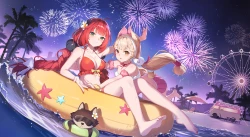 女孩 动物 赤脚 沙滩 比基尼 蝴蝶结 马尾辫 烟花 夜晚 红发 蝴蝶结 裙子 天空 泳衣 尾巴 树 伞 水