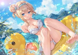 二次元电脑壁纸 赤脚 比基尼 金发 脸红 女孩 头带 泳装