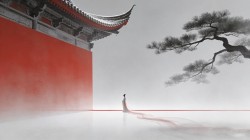 简约古风 女子 长裙 高墙 树 桌面壁纸