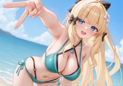 海滩_比基尼_金发_蓝眼睛_蝴蝶结 近云_幻想队_长发_肚脐_尖耳朵_马尾辫_天空_泳装