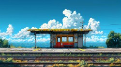 海边小站 风景绘画桌面壁纸