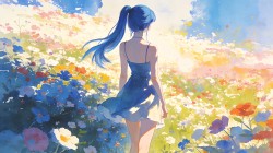 唯美少女背影蓝色马尾辫 裙子花海动漫壁纸
