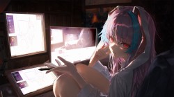 女画师 椅子坐着 兔子耳朵 绘画 动漫电脑壁纸