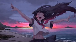 在海滩上快乐的动漫女孩