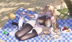 长发 肚脐 尖耳朵 紫色眼睛 遮阳裙 抬起裙子 长筒袜