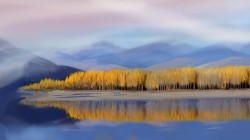 手绘 风景 秋天 树林 山峦 湖水 倒映 电脑壁纸