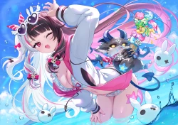 比基尼 兔子 猫 微笑 恶魔 食物 兜帽 角 冰淇淋 长发 肚脐 粉红 眼睛 围巾 天空 泳衣水