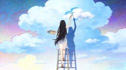 一个美女画家 背影梯子云朵动漫壁纸