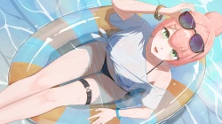 比基尼 脸红 尖牙 吊袜带 绿眼睛 粉色 头发 透视 短发 太阳镜 游泳圈 泳衣 腕带