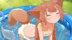 动物耳比基尼脸红辫子棕色头发接近狐狸女孩草地萝莉长发浮泳池泳衣尾巴双马尾