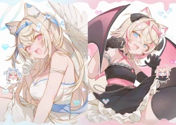 女孩 天使 脸红 链条 恶魔 连衣裙 尖牙 手套 光环 头带 心形 全息时代 长发 双马尾 翅膀