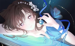 脸红 棕色头发 蝴蝶 长发 紫色眼睛 丝带 水