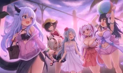 可爱 蓝色头发 脸红 蝴蝶结 项圈 云 裙子 尖牙 灰色头发 帽子 鸭舌帽 少女 长发 肚脐 红色眼睛 裙子 天空