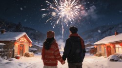 2026新年雪景情侣牵手看烟花浪漫壁纸 素材大全、免费素材、设计素材、素材下载