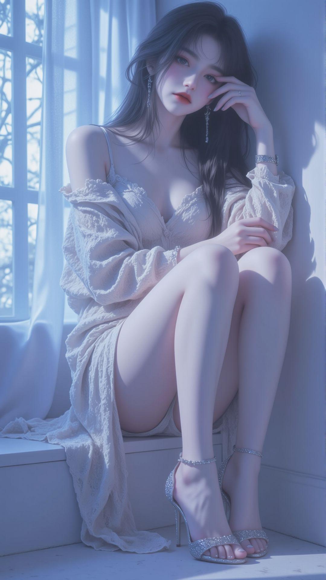 时尚女性 蕾丝上衣 短裙 高跟凉鞋 室内写真 蓝调光影,第3张