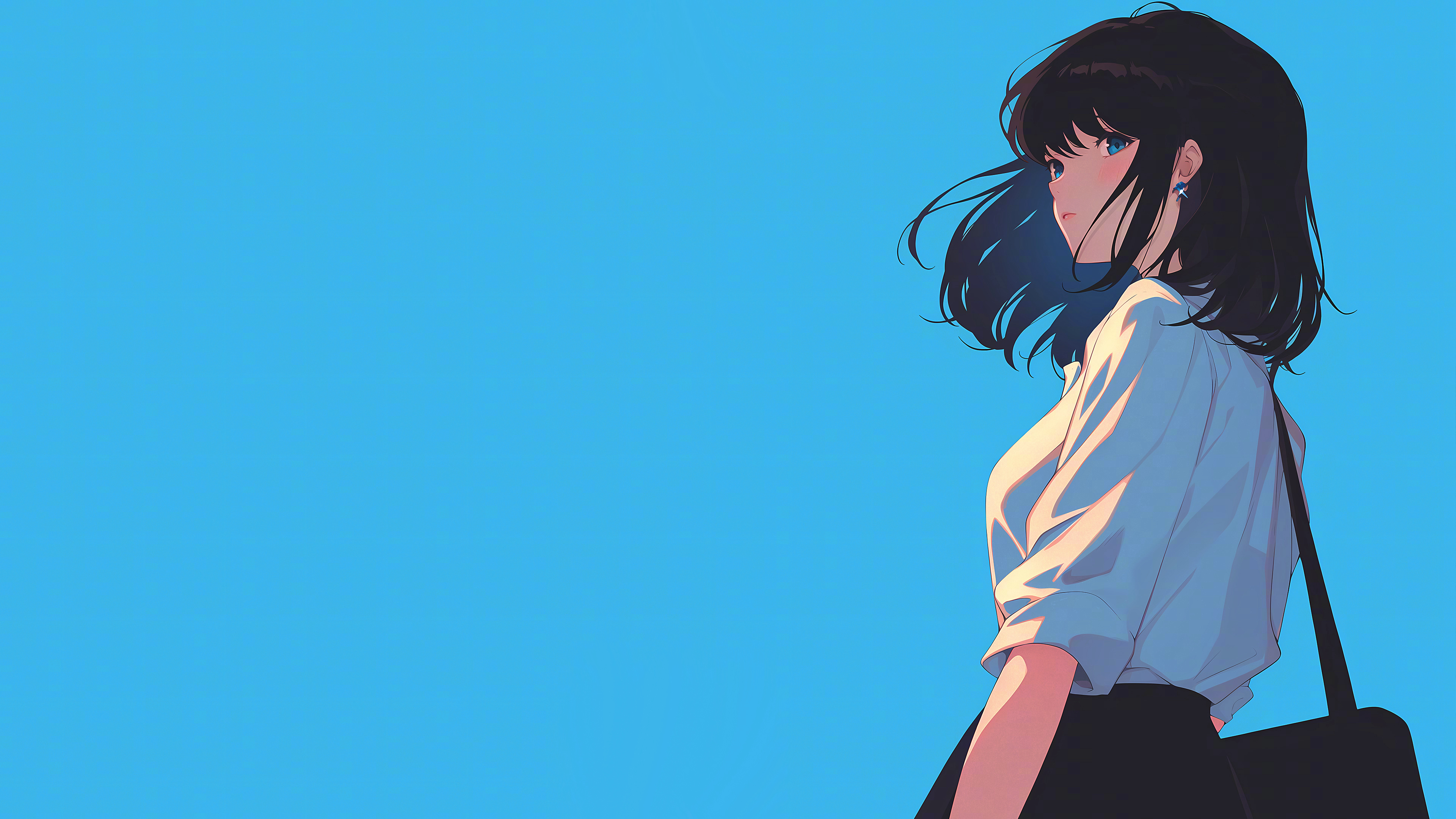 蓝色背景，背着黑色单肩包的动漫少女AI美图壁纸,第1张