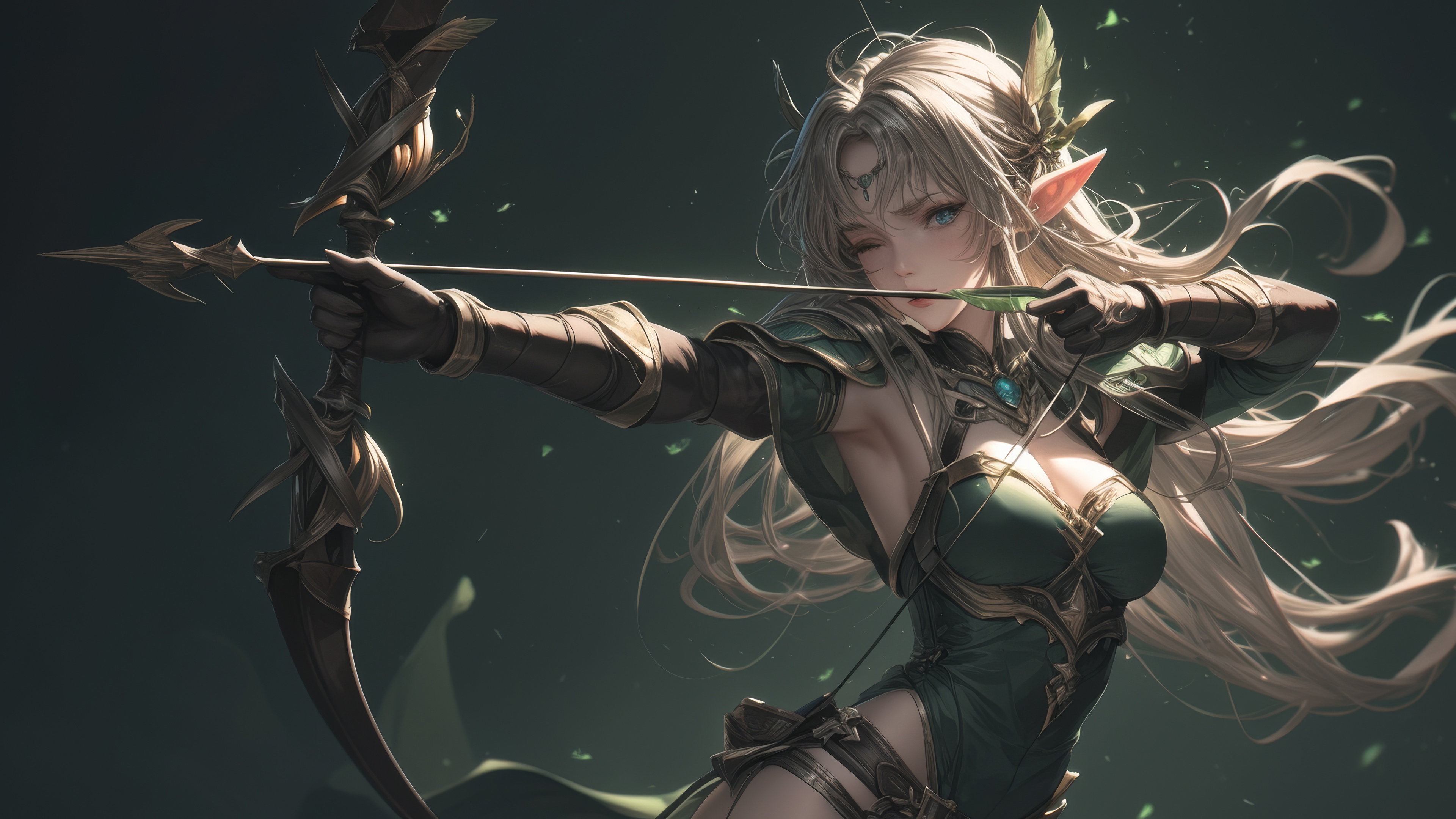 弯弓射箭的绿衣精灵动漫美少女高清壁纸图片,第1张