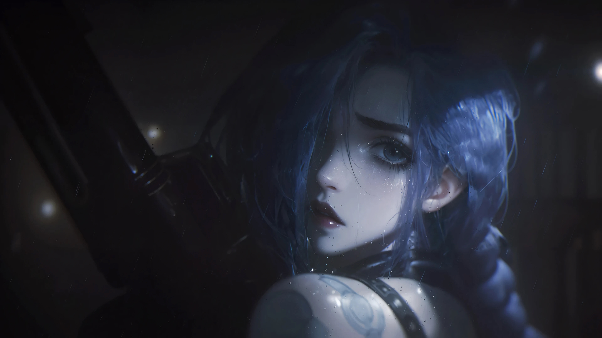 金克斯 长辫子 回头 雨水 动漫桌面壁纸,第1张