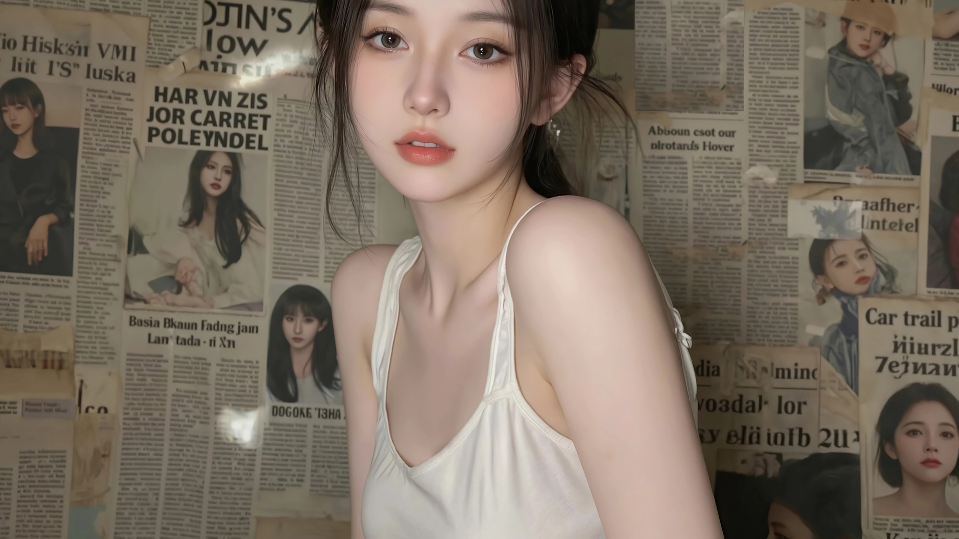 可爱漂亮报纸墙美女电脑桌面壁纸1920x1080高清大图,第1张