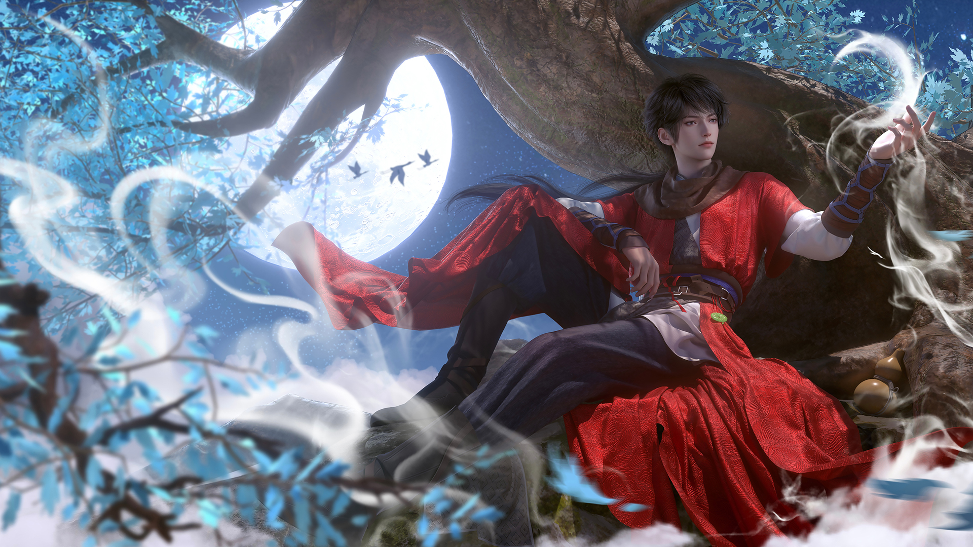 李星云 倚靠大树 意境古风 桌面壁纸,第1张