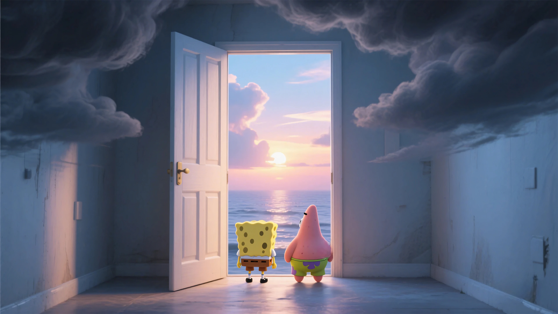 海绵宝宝和派大星 背影 门 大海 电脑壁纸,第1张